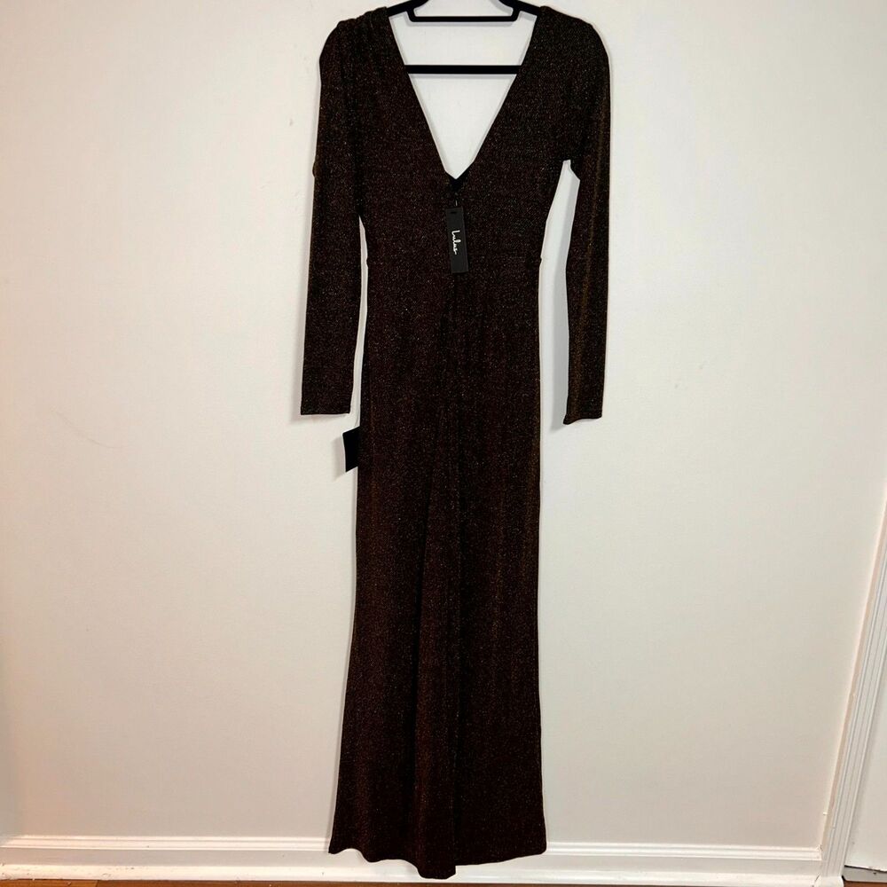 Lulus Jumpsuit Womens M Brown Metallic Deep V-Neck Wedding Cocktail Party NWT - Picture 2 of 12